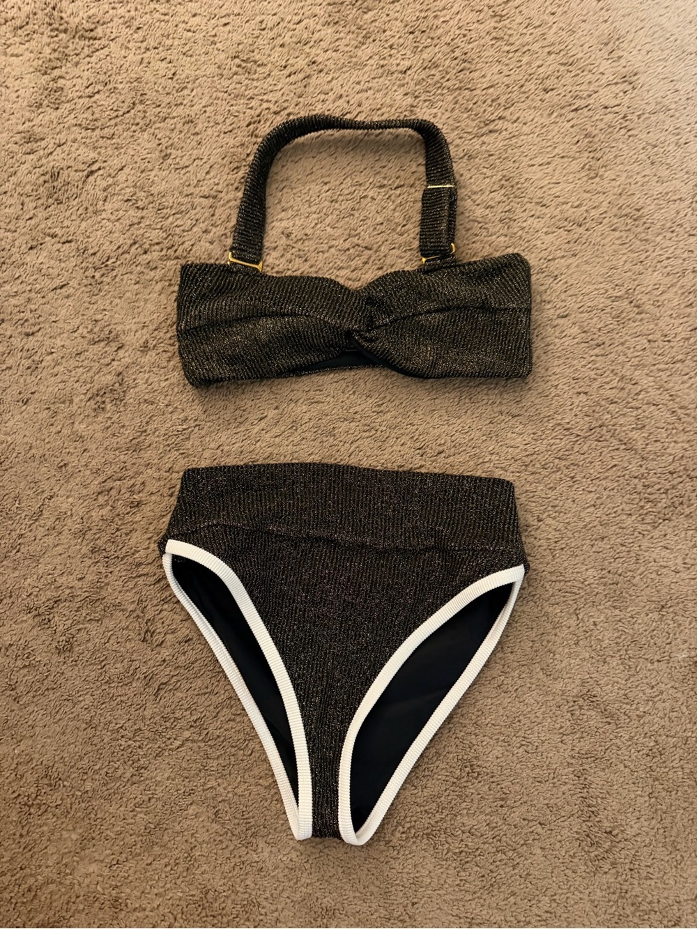 Lain Snow Shimmery Black High-Waist Bikini Set with White Trim